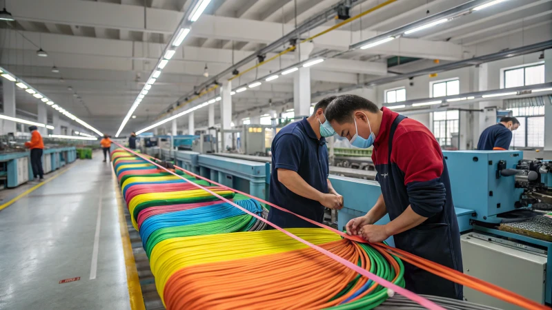 Workers examining elastic bands in a modern manufacturing facility