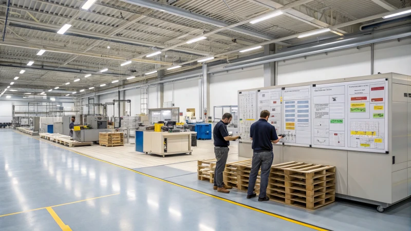 Interior of a modern manufacturing facility with engaged workers and organized machinery