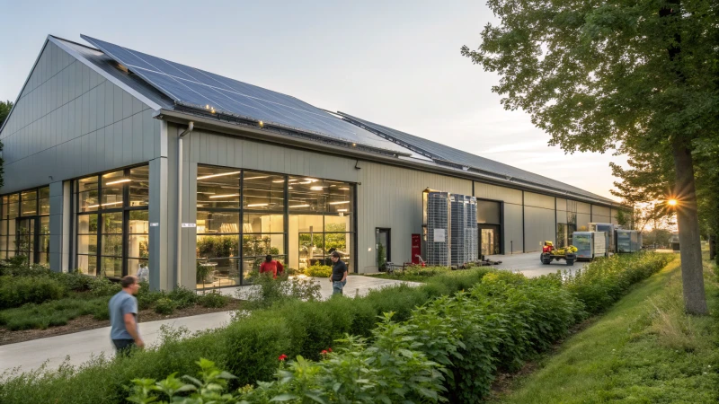 Modern manufacturing facility with solar panels and greenery