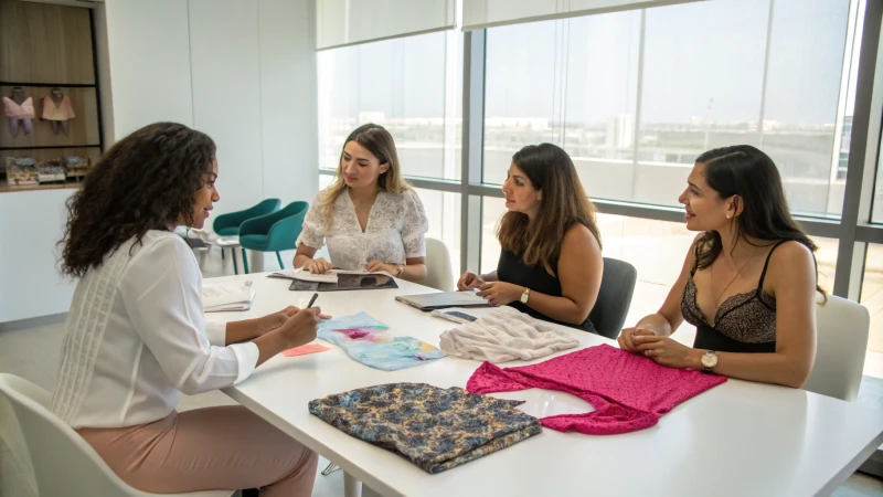Diverse women discussing luxury underwear in a modern meeting room