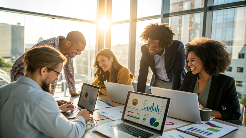 A diverse group of professionals in a modern office brainstorming together.