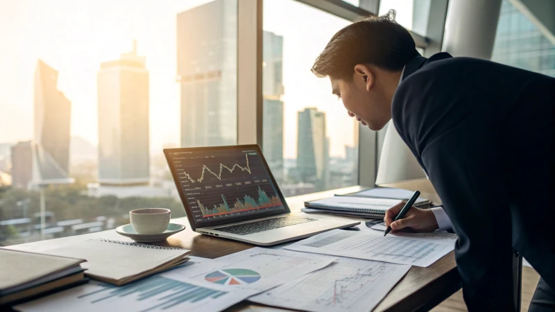 Business professional analyzing financial charts in a modern office