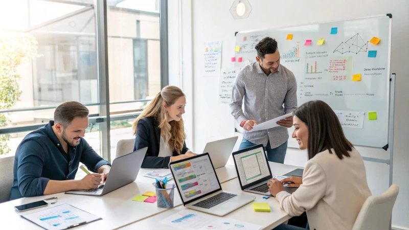 A diverse group of professionals in a modern office meeting