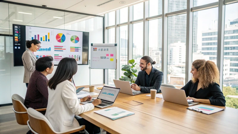 A modern office conference room with diverse professionals discussing contracts