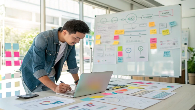 A designer analyzing consumer feedback in a modern office.