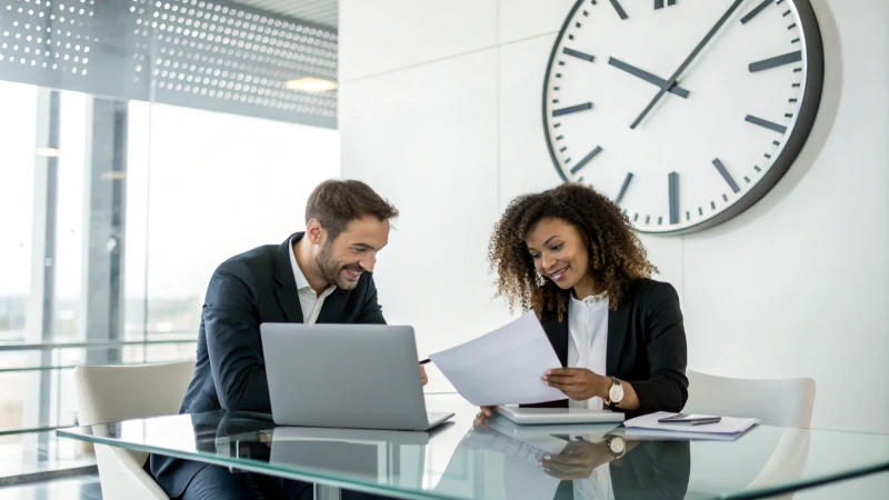 Two business professionals engaged in a discussion in a modern office.