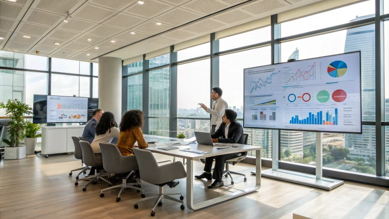 A diverse group of professionals discussing data in a modern office