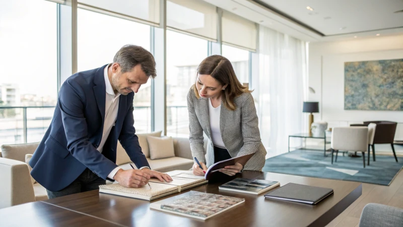 Two business professionals examining product samples in a modern office