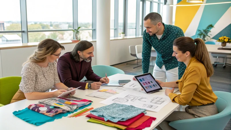 A diverse group of designers discussing custom underwear designs in a modern meeting room.