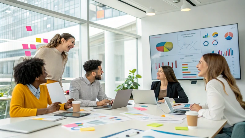 A diverse team of professionals in a bright meeting room discussing data.