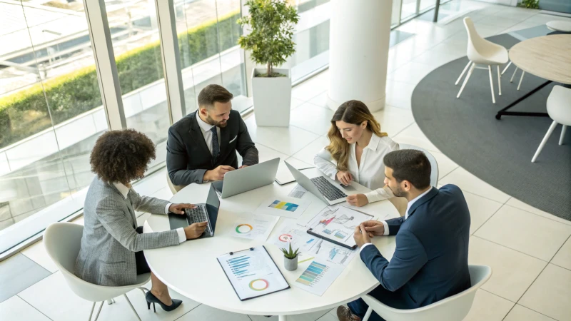 A diverse group of professionals in business attire having a meeting around a round table.