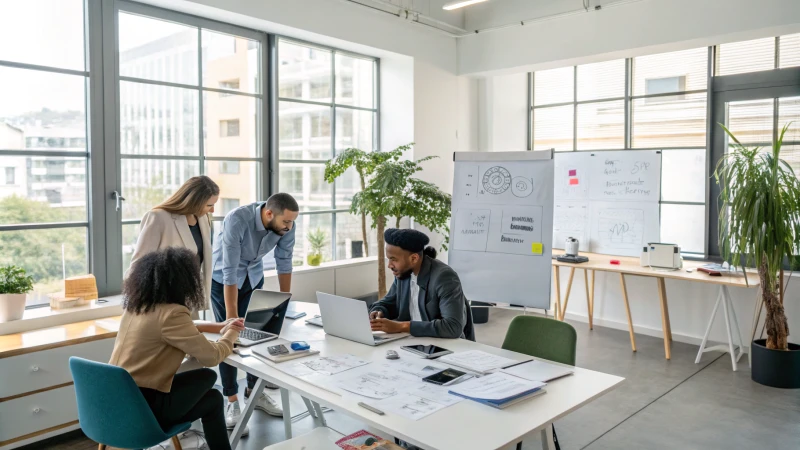 A diverse team testing a product prototype in a modern office