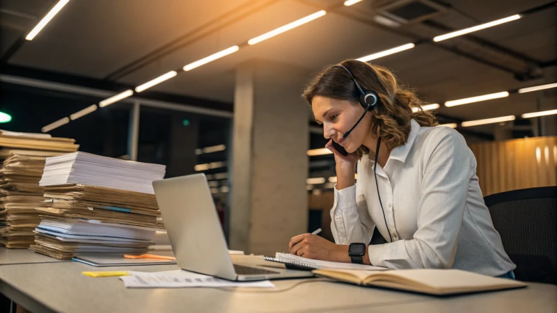 Customer service representative engaged in a phone conversation in a modern office setting.