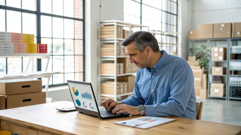 A middle-aged man in a blue shirt working in a modern office with a laptop displaying graphs.