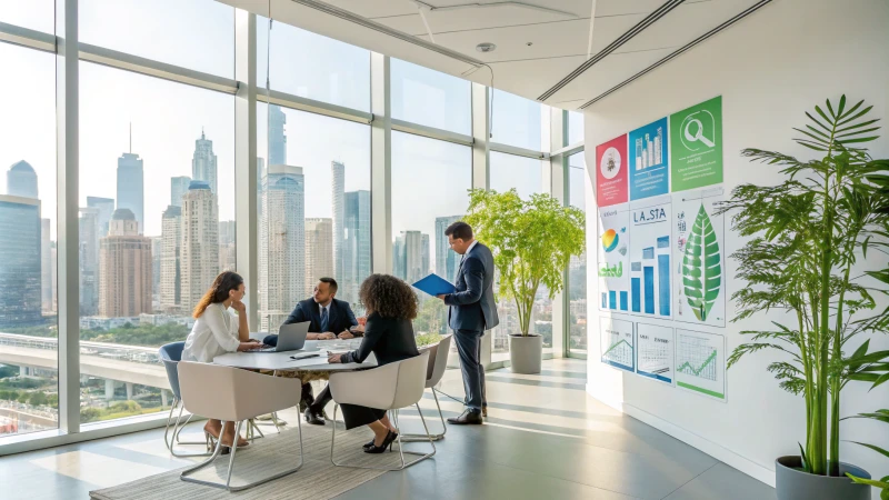 A diverse group of professionals discussing sustainability in a modern office