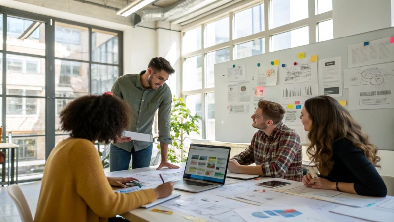 Group of diverse individuals collaborating in a modern office