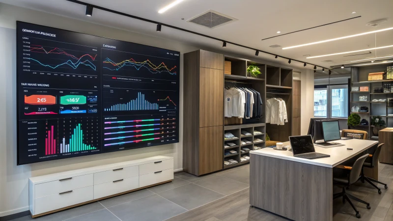 Modern office with a digital dashboard and organized inventory