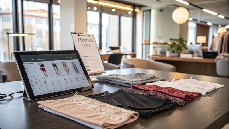 Modern office table with underwear samples and a tablet displaying a pricing chart.