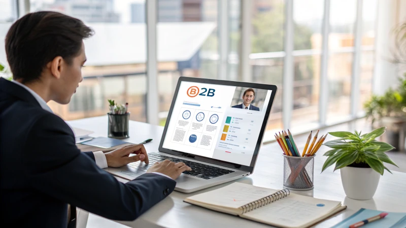 A business professional working at a laptop in a modern office environment.