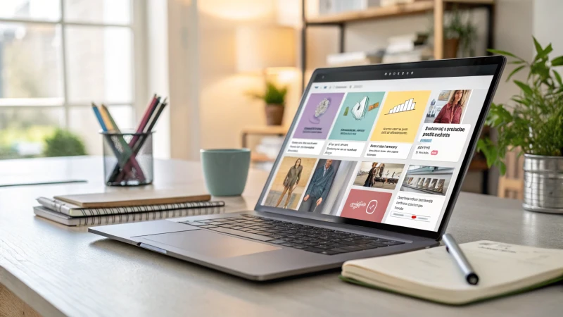 A modern office workspace with a laptop and notepad