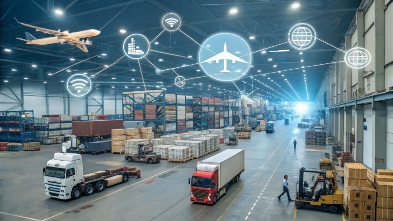 Illustration of a modern supply chain network with diverse transportation methods.