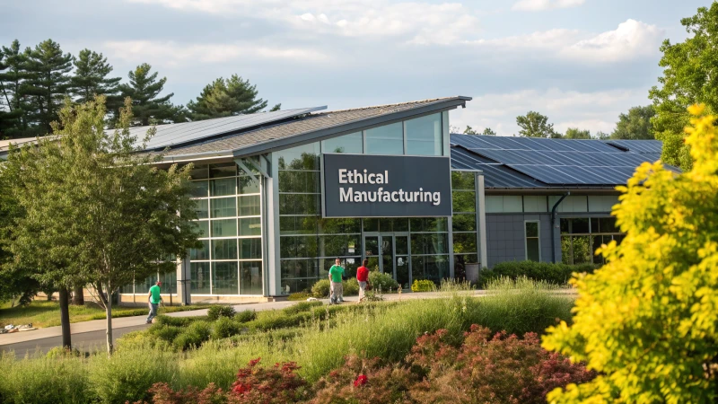 Modern factory with solar panels and greenery