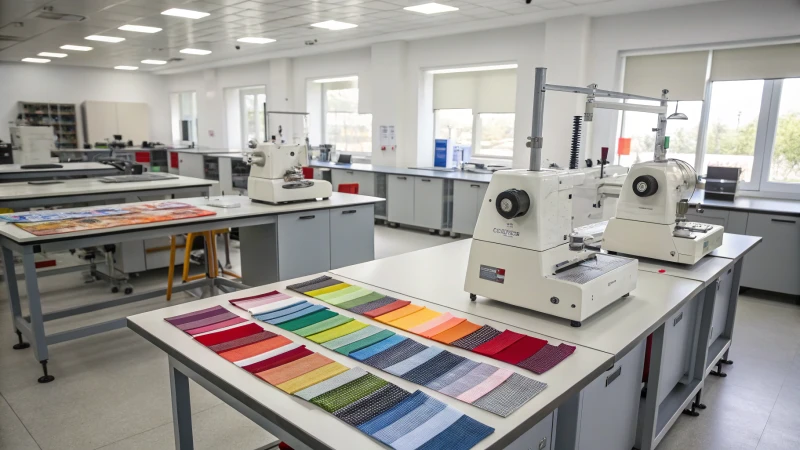 A modern textile testing laboratory with fabric samples and testing equipment