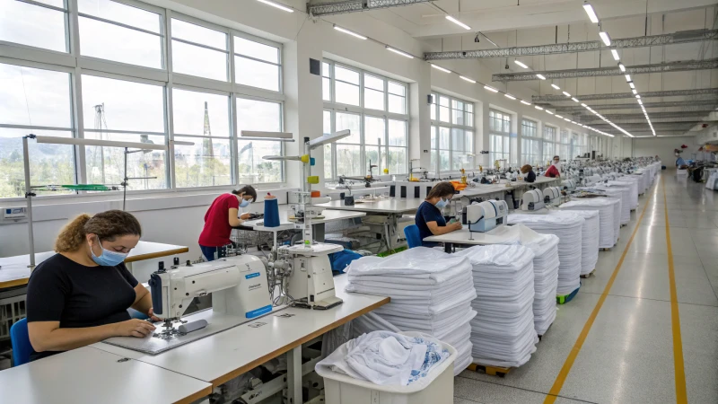 A modern underwear manufacturing facility with workers and machinery