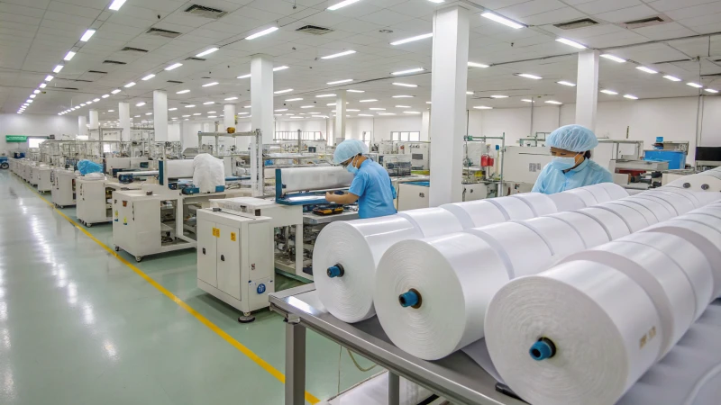 A modern underwear manufacturing facility with high-tech machines and workers