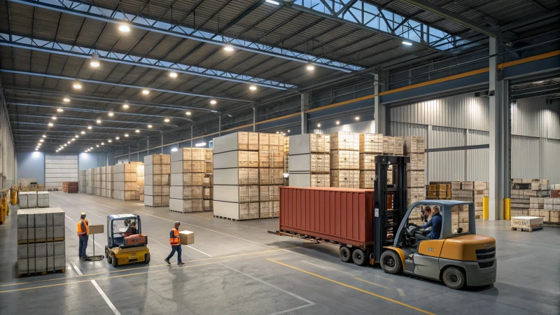 A busy warehouse interior with workers loading packages onto trucks.