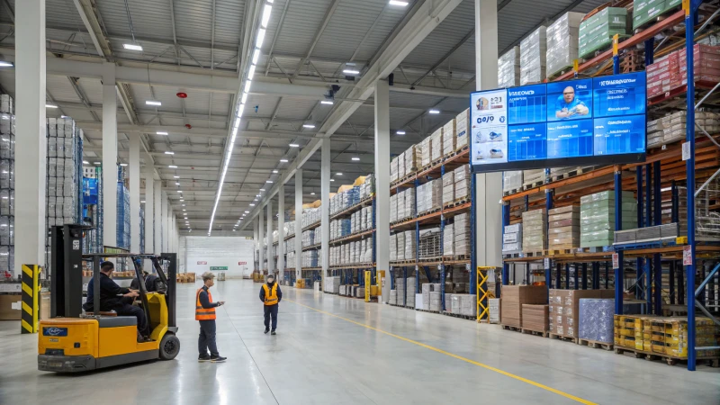 A modern warehouse with workers using forklifts among shelves of products.