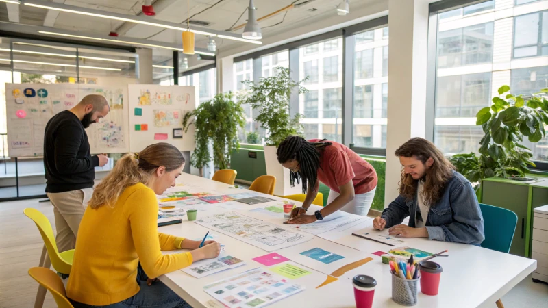 A modern workspace with diverse individuals brainstorming at a large table.