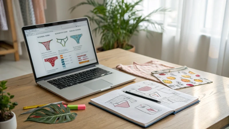 A modern workspace featuring a laptop and design sketches