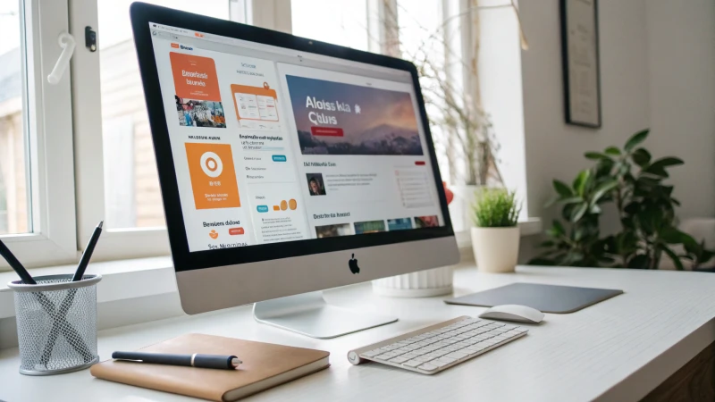 A modern workspace with a sleek computer and notepad