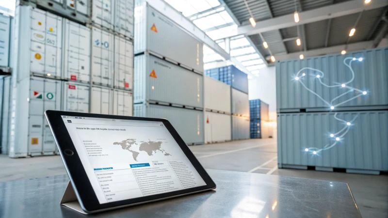 A modern workspace with a tablet displaying a digital contract and supply chain elements in the background.