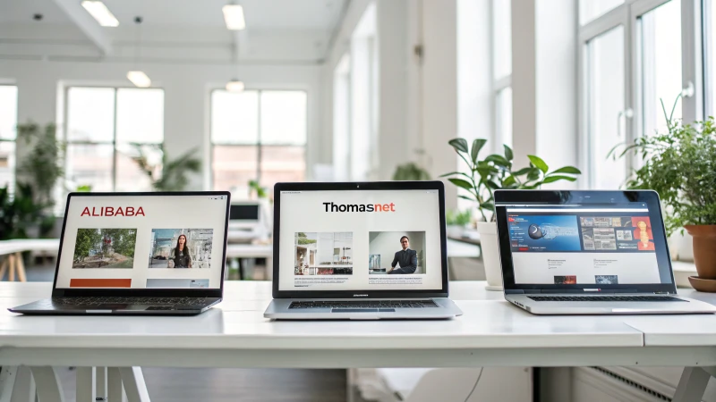 A modern workspace with laptops showing online sourcing platforms