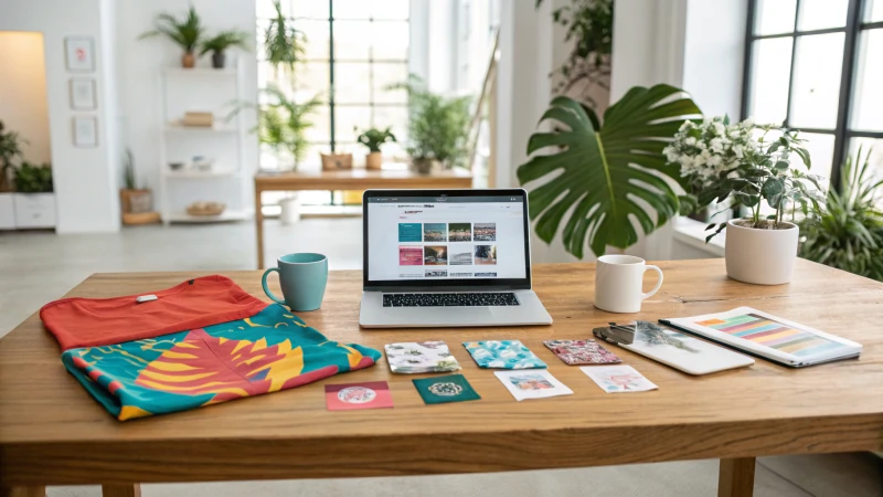 A stylish modern workspace with a laptop and vibrant printed product samples.