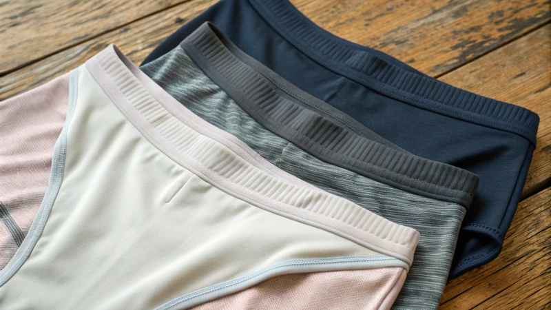 Close-up of various moisture-wicking underwear fabrics on wood