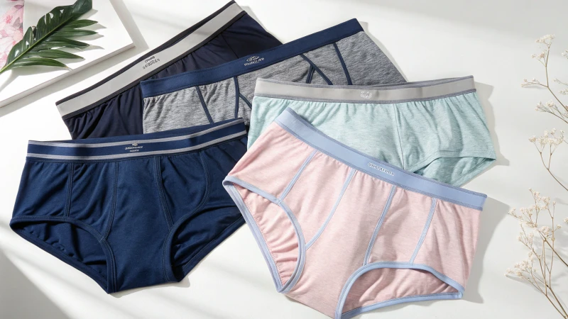 A display of multi-purpose underwear in various styles and colors on a white background.