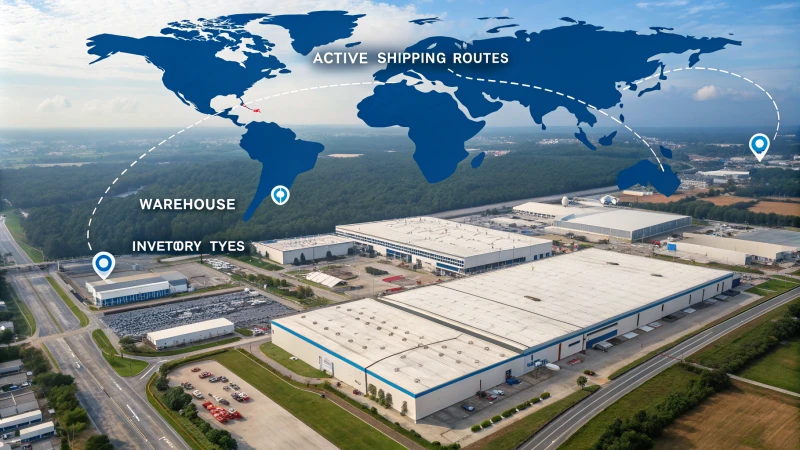 Infographic illustrating multi-warehouse shipping strategies with global map and delivery routes.