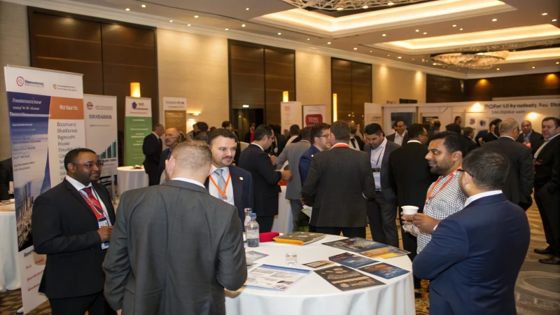 A bustling networking event with diverse professionals in business attire