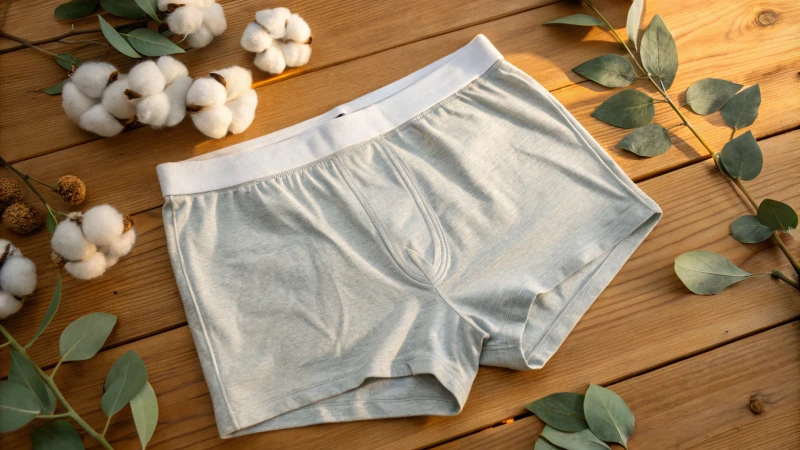 A pair of odor-resistant underwear on a wooden surface with cotton bolls and eucalyptus leaves