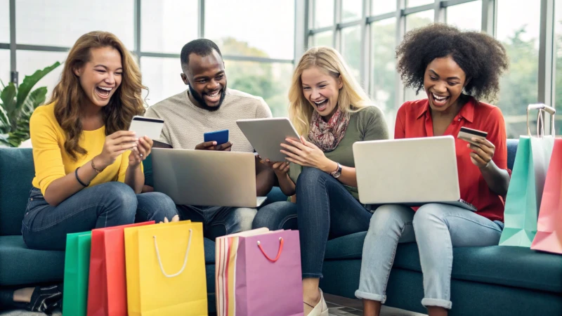 A diverse group of people shopping online with various devices in a modern setting.