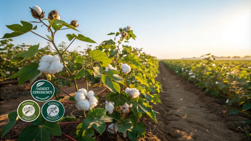 Organic cotton field with certification labels