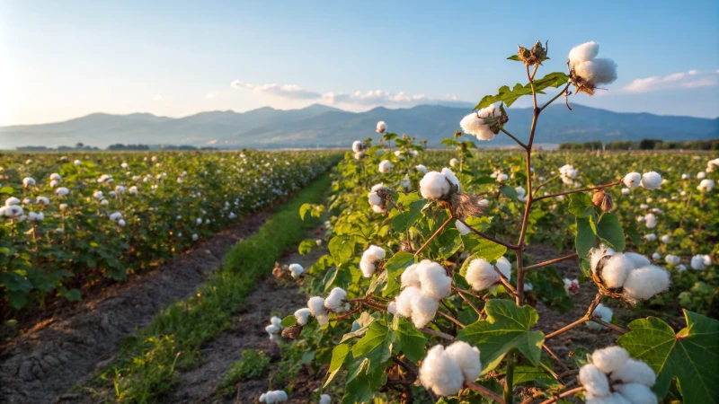 Organic cotton field with bolls under blue sky