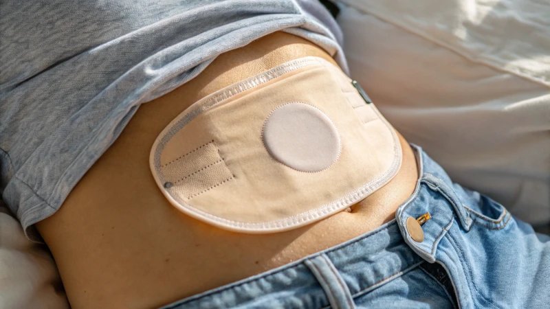 Close-up of a 3D pouch ostomy bag on a patient's abdomen