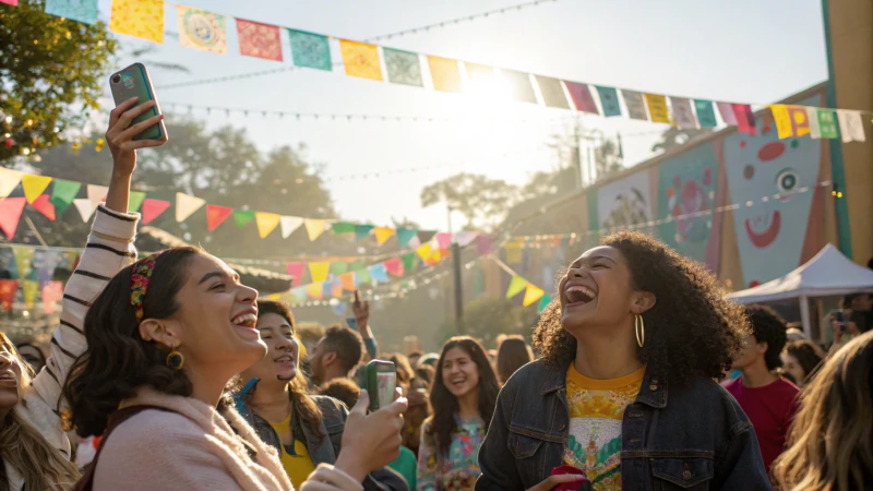 Outdoor community event with influencers and diverse crowd