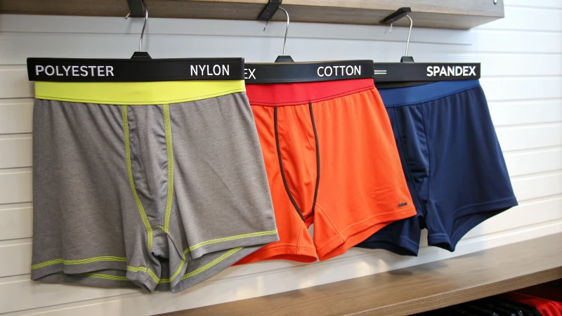 Various boxer briefs labeled by material