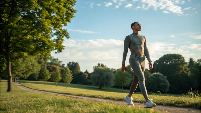 A person in athletic clothing walking through a lush green park
