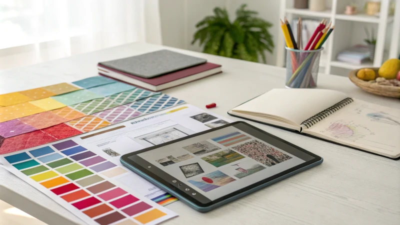 Collage of visual design tools including mood board, sketches, and tablet